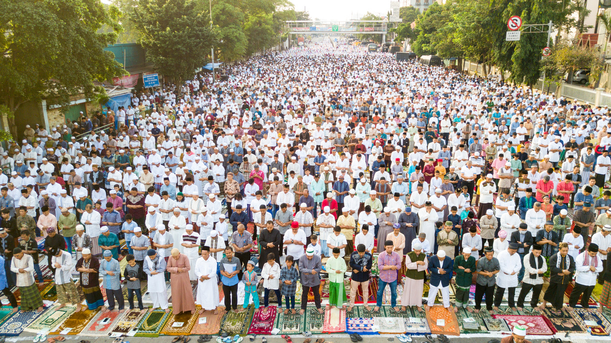 Thousands of Muslims Praying Together on the Street during Eid-Ul Fitr Day